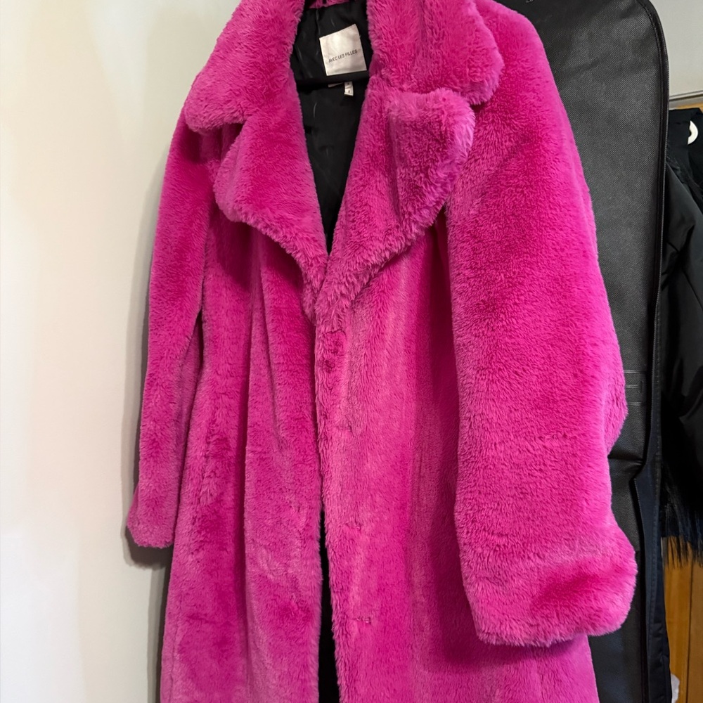 Faux Fur Long Coat - Hot Pink